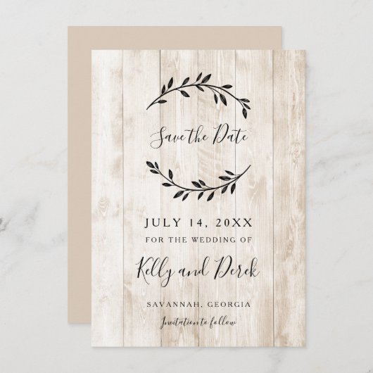 木のミニマ素朴リストの支部が日付を救う 招待状 (正面/裏面)