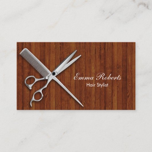 木のモダン背景シザーとコーム美容師 名刺 (正面)