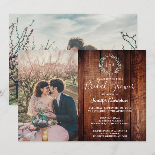 木のモノグラム写真を使ったナチュラルな葉のデザインの結婚前お茶会 招待状 (正面/裏面)