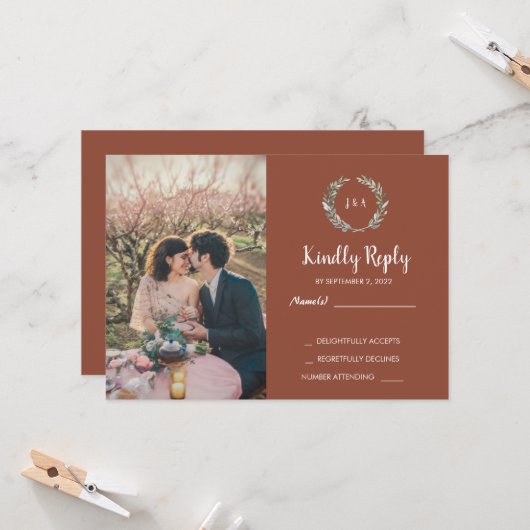 木のモノグラム写真付出欠案内 ウェディング 招待状 (正面/裏面インサイチュ)