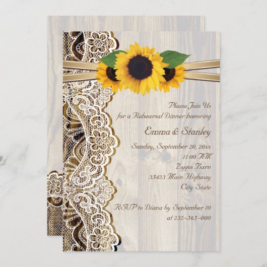 木のリハーサルのディナー結婚にレース&ひまわり 招待状 (正面/裏面)