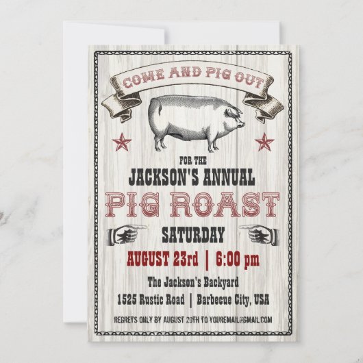 木のヴィンテージのブタのローストの招待状 招待状 (正面)
