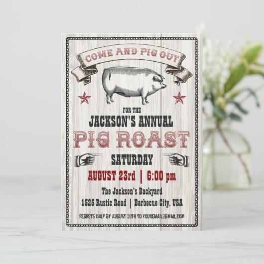 木のヴィンテージのブタのローストの招待状 招待状 (スタンド正面)