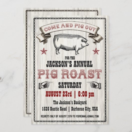 木のヴィンテージのブタのローストの招待状 招待状 (正面/裏面)