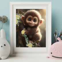 木の上で座るかわいい赤ちゃんサルと黄色い花