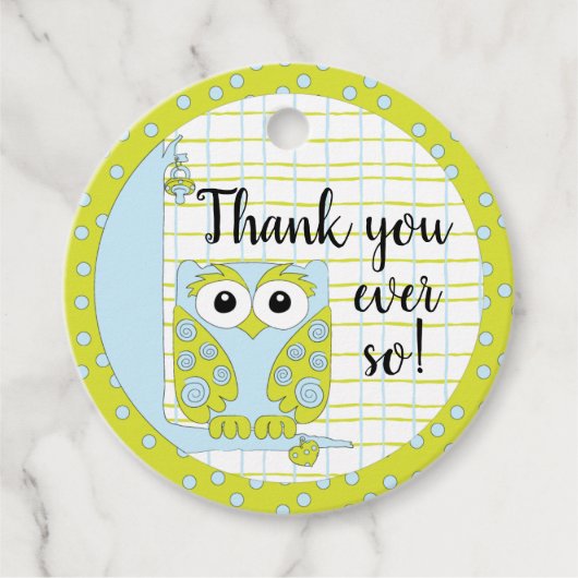 木の上で赤ちゃんシャワーブルーフクロウ フェイバータグ (正面)