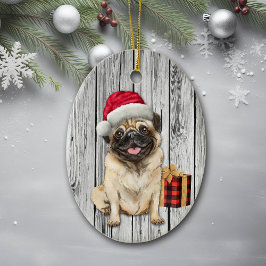 木の上にかわいいサンタハットパグ犬 セラミックオーナメント