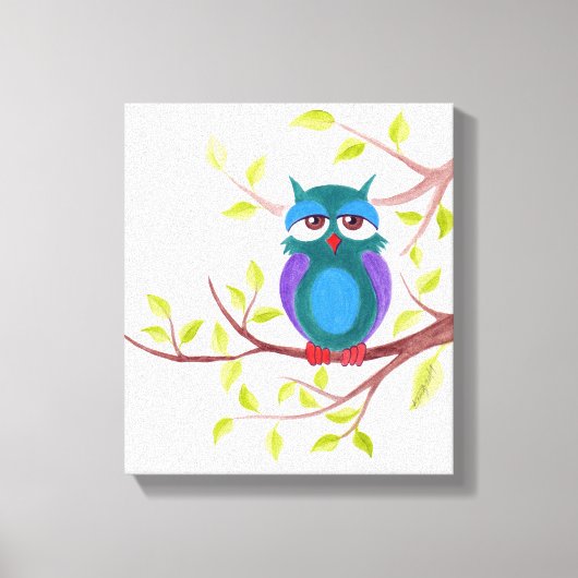 木の上にかわいい眠絵画いフクロウ キャンバスプリント (正面)