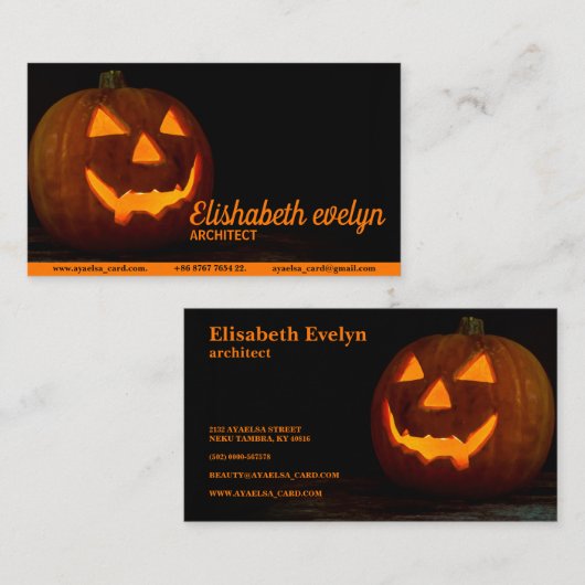 木の上にハロウィーン用カボチャ頭灯 名刺 (正面/裏面)