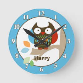 木の上にフクロウのパーソナライズされた壁時計 – 青 ラウンド壁時計