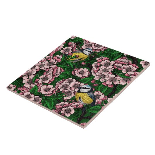 木の上に咲くさくらんぼの木の青いチット鳥 タイル (側面)