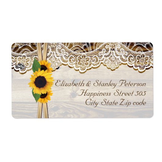 木の上に白いレース、リボンとヒマワリ結婚ス ラベル (正面)