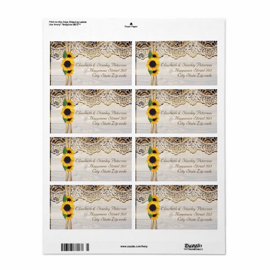 木の上に白いレース、リボンとヒマワリ結婚ス ラベル (フルシート)