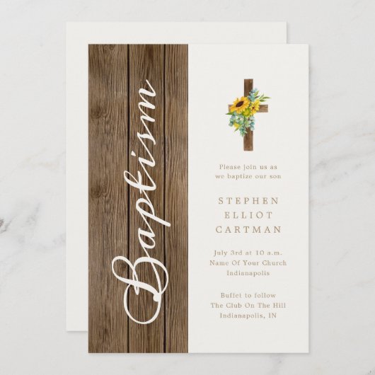 木の上に素朴ひまエレガントの花の洗礼 招待状 (正面/裏面)