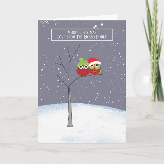 木の上のかわいいフクロウのクリスマスパーソナライズ カード (正面)