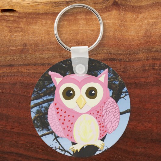木の上のピンクのフクロウ キーホルダー (正面)