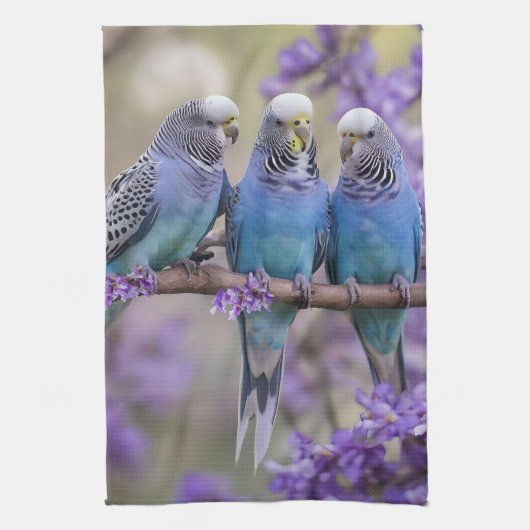 木の上の会話:ジャカランダの木にいる青いセキセイインコたち キッチンタオル (縦)