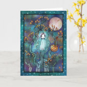 木の上の小さな幽霊 かわいいハロウィンアート カード (黄色い花)