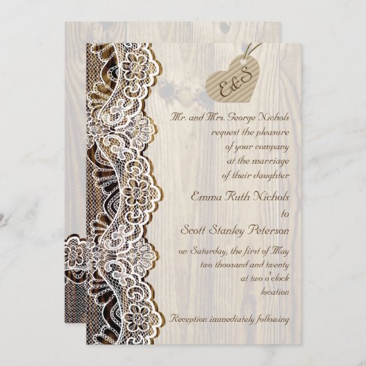 木の上の白いレースと段ボール結婚ハート 招待状 (正面/裏面)