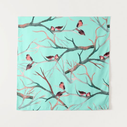 木の上の鳥は水色の手絵を描を使う タペストリー (正面)