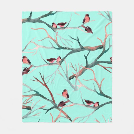 木の上の鳥は水色の手絵を描を使う フリースブランケット (正面)
