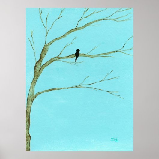 木の上の黒い鳥の風景画アート ポスター (正面)