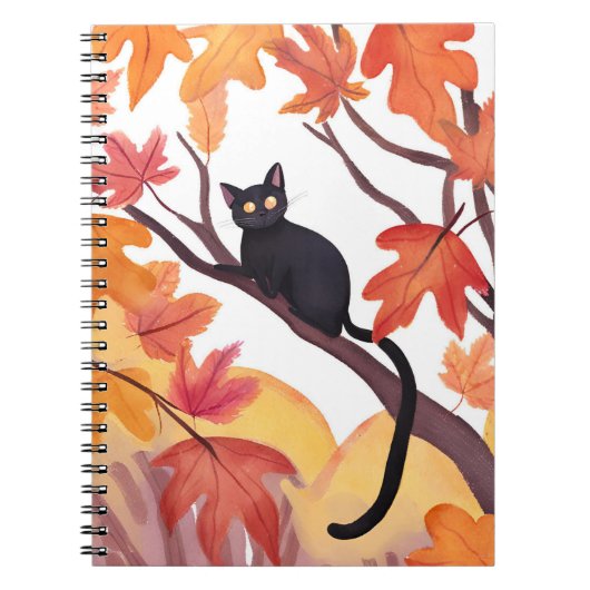 木の上の黒猫 | 秋 紅葉 おかしい かわいい ノートブック (正面)
