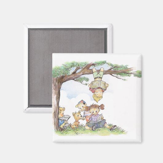 木の下で本を読む子供たち マグネット (正面/裏面)