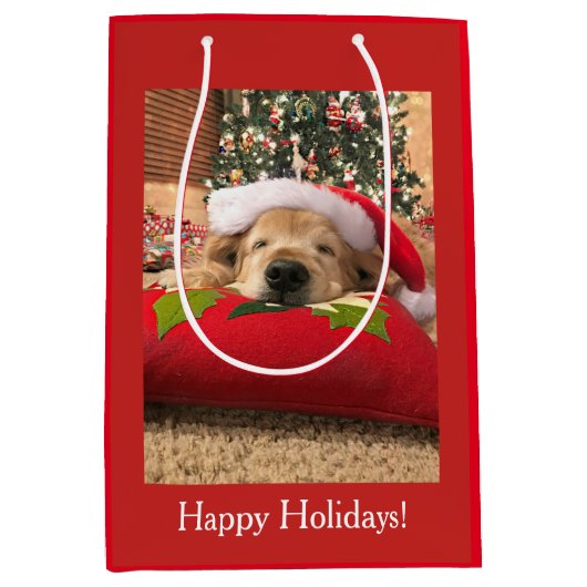 木の下で眠ったクリスマスのゴールデン・リトリーバー犬 ミディアムペーパーバッグ (正面)