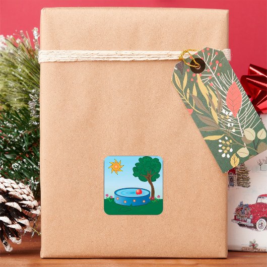 木の下に子どもがプールに入る スクエアシール