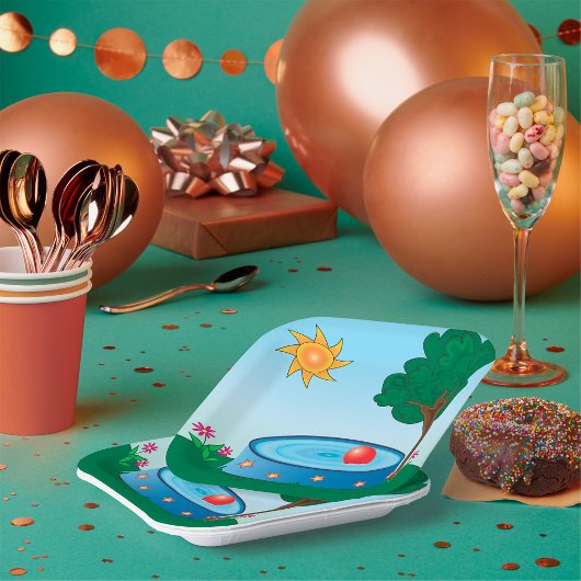 木の下に子どもがプールに入る ペーパープレート