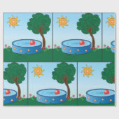 木の下に子どもがプールに入る ラッピングペーパー (フラット)