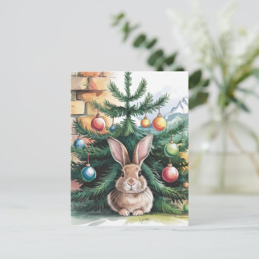 木の下の愛らしいクリスマスのうさぎ ポストカード (スタンド正面)