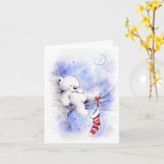 木の中のクリスマスホワイトのテディベア カード (黄色い花)