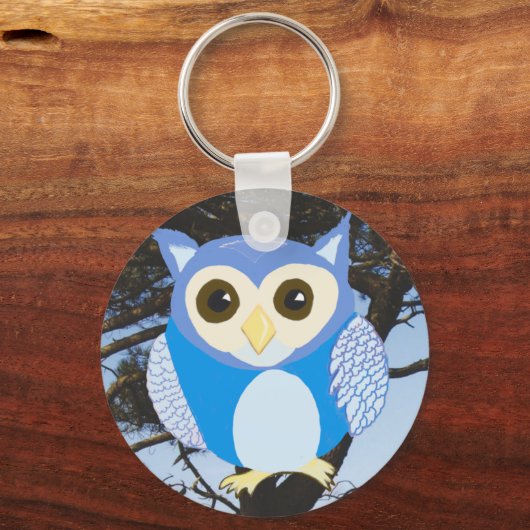 木の中の青いフクロウ キーホルダー (正面)