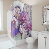 木の丸太の上の紫の蘭絵画の花 シャワーカーテン (インサイチュ)