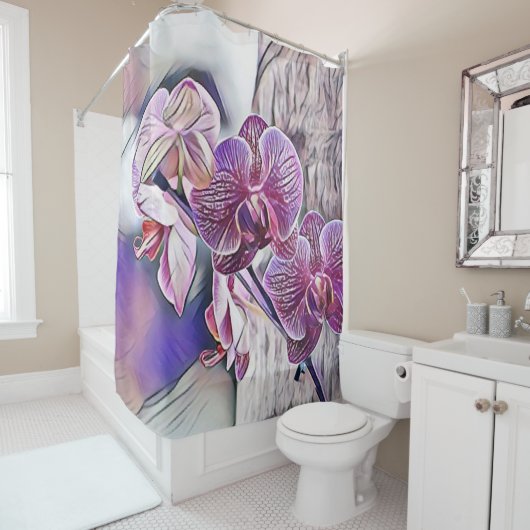木の丸太の上の紫の蘭絵画の花 シャワーカーテン (インサイチュ)