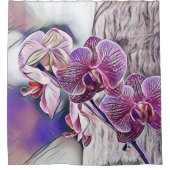 木の丸太の上の紫の蘭絵画の花 シャワーカーテン (正面)