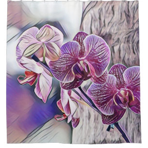 木の丸太の上の紫の蘭絵画の花 シャワーカーテン