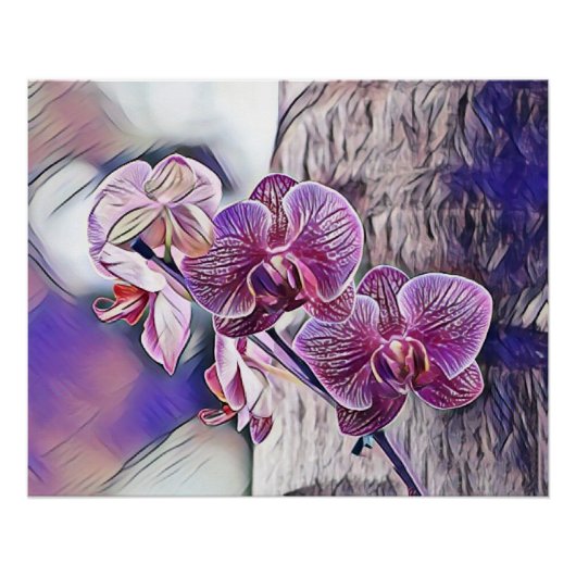 木の丸太の上の紫の蘭絵画の花 ポスター (正面)