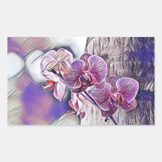 木の丸太の上の紫の蘭絵画の花 長方形シール (正面)