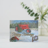 木の伐採農場でのアンティークトラクターのホリデーシーズン シーズンポストカード (スタンド正面)