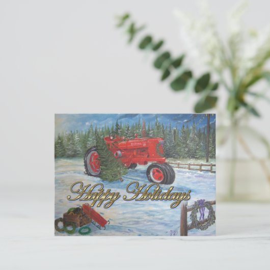 木の伐採農場でのアンティークトラクターのホリデーシーズン シーズンポストカード (スタンド正面)