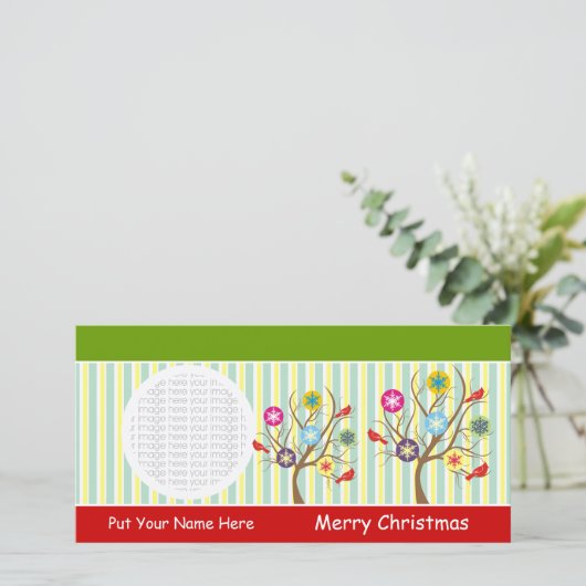 木の写真カードの雪片そして（鳥）ショウジョウコウカンチョウ シーズンカード (スタンド正面)