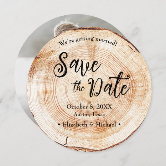 木の切り株素朴式ウェディング日付の写真を保存 招待状 (正面/裏面)