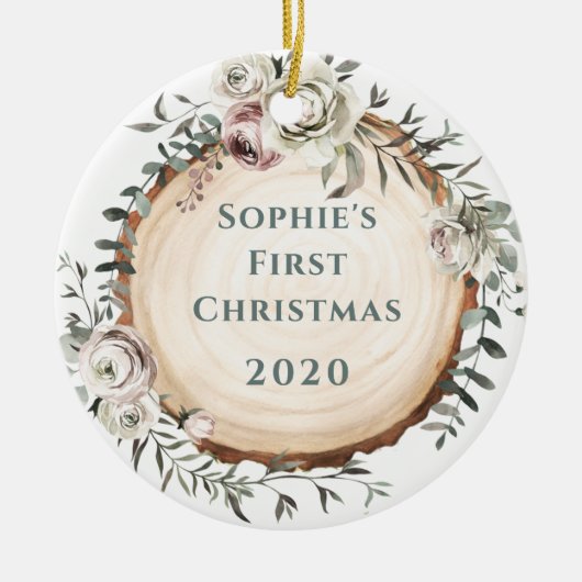 木の切り身（花） |ベビー最初 セラミックオーナメント (正面)