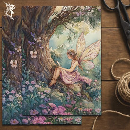 木の切り離しの下に座っている魔法の妖精 薄葉紙