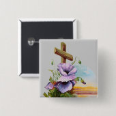 木の十字に紫の花 缶バッジ (正面&裏面)