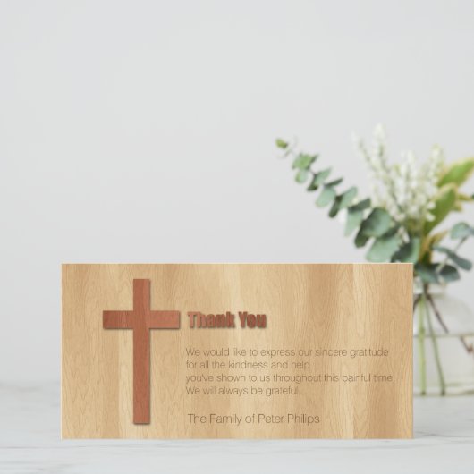 木の十字のキリスト教の悔やみや弔慰はHカード感謝していしています サンキューカード (スタンド正面)