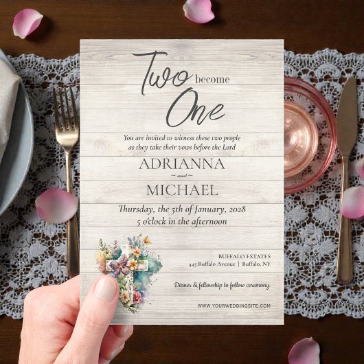 木の十字架と花のモチーフのクリスチャン ウェディングペーパー "Two Become One" アクリル招待状